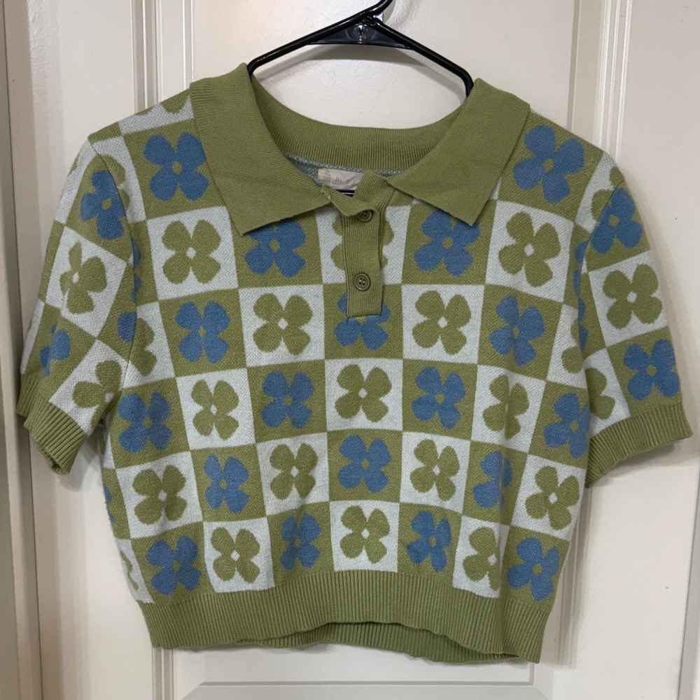 Altar’d State Retro Floral Knit Crop Polo Shirt